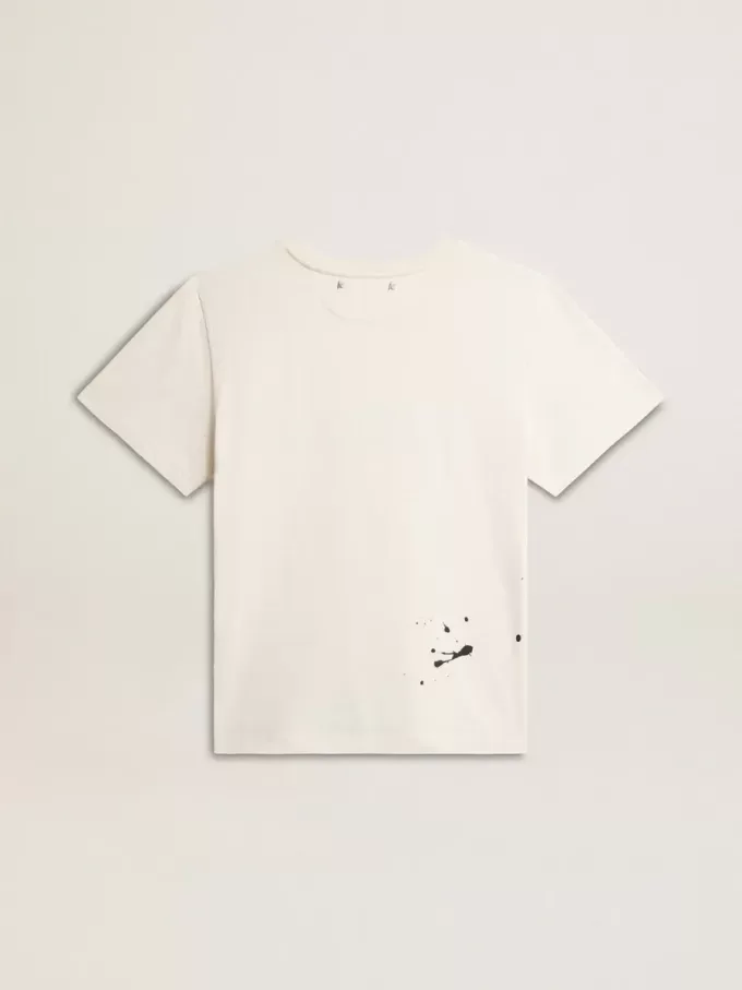 Camiseta de hombre en algodón blanco envejecido con estampado y bordado Camiseta de hombre en algodón blanco envejecido con estampado y bordado