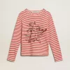Camiseta de mujer con rayas blancas y rojas y bordado en la parte delantera Camiseta de mujer con rayas blancas y rojas y bordado en la parte delantera