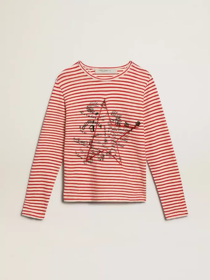 Camiseta de mujer con rayas blancas y rojas y bordado en la parte delantera Camiseta de mujer con rayas blancas y rojas y bordado en la parte delantera
