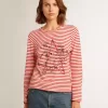 Camiseta de mujer con rayas blancas y rojas y bordado en la parte delantera Camiseta de mujer con rayas blancas y rojas y bordado en la parte delantera
