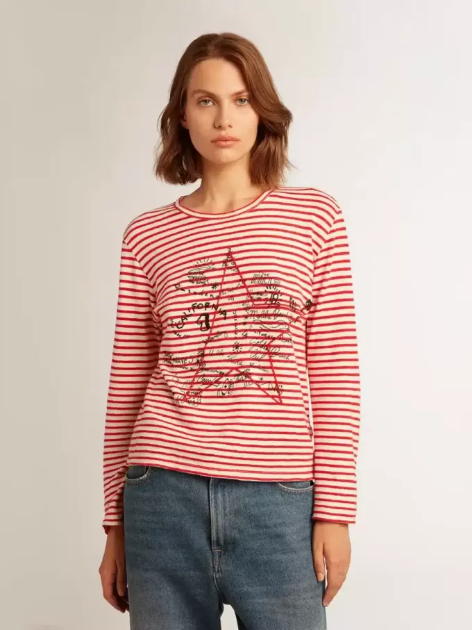Camiseta de mujer con rayas blancas y rojas y bordado en la parte delantera Camiseta de mujer con rayas blancas y rojas y bordado en la parte delantera