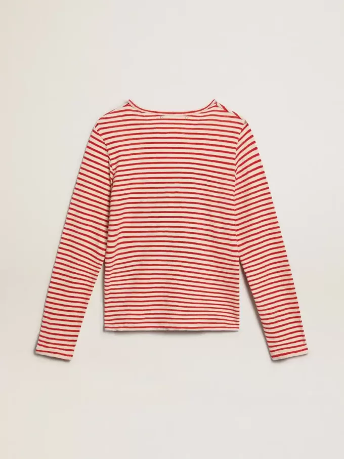 Camiseta de mujer con rayas blancas y rojas y bordado en la parte delantera Camiseta de mujer con rayas blancas y rojas y bordado en la parte delantera