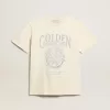 Camiseta de mujer en algodón blanco envejecido con estampado de temporada Camiseta de mujer en algodón blanco envejecido con estampado de temporada
