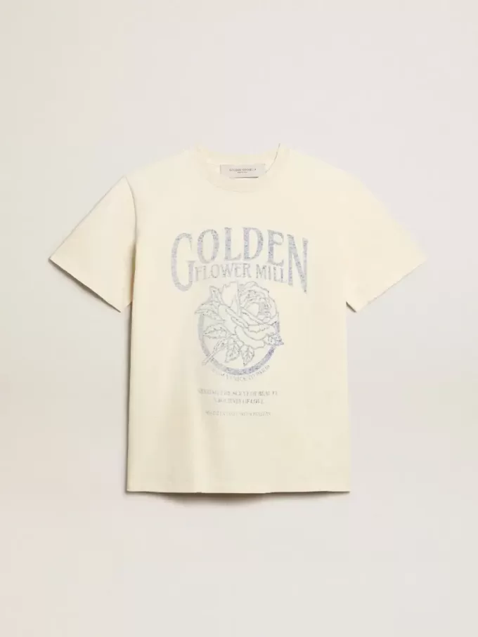 Camiseta de mujer en algodón blanco envejecido con estampado de temporada Camiseta de mujer en algodón blanco envejecido con estampado de temporada