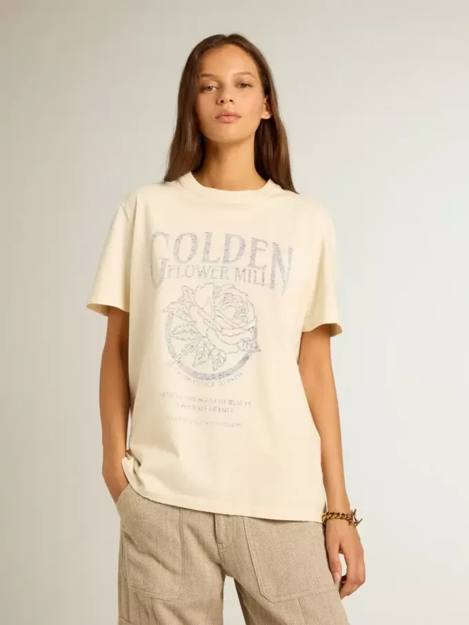Camiseta de mujer en algodón blanco envejecido con estampado de temporada Camiseta de mujer en algodón blanco envejecido con estampado de temporada