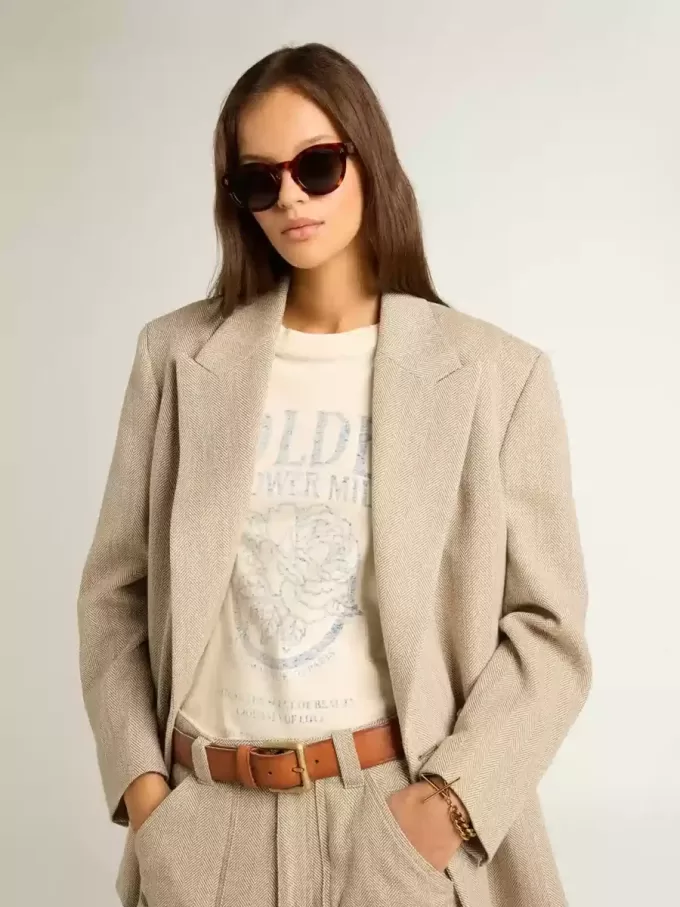 Camiseta de mujer en algodón blanco envejecido con estampado de temporada Camiseta de mujer en algodón blanco envejecido con estampado de temporada