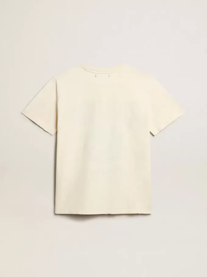 Camiseta de mujer en algodón blanco envejecido con estampado de temporada Camiseta de mujer en algodón blanco envejecido con estampado de temporada