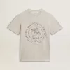 Camiseta de mujer en algodón gris jaspeado con estampado de temporada Camiseta de mujer en algodón gris jaspeado con estampado de temporada