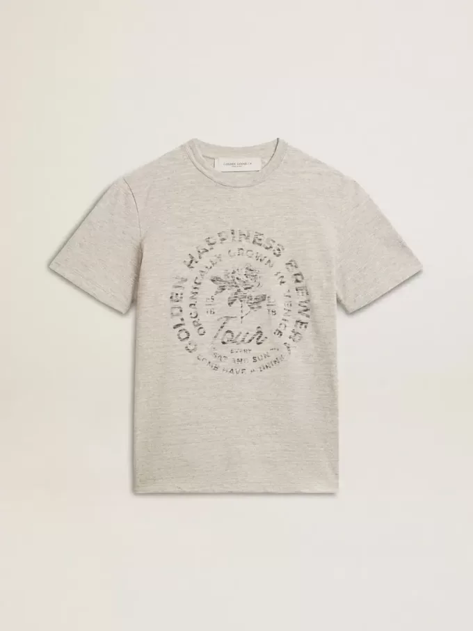 Camiseta de mujer en algodón gris jaspeado con estampado de temporada Camiseta de mujer en algodón gris jaspeado con estampado de temporada