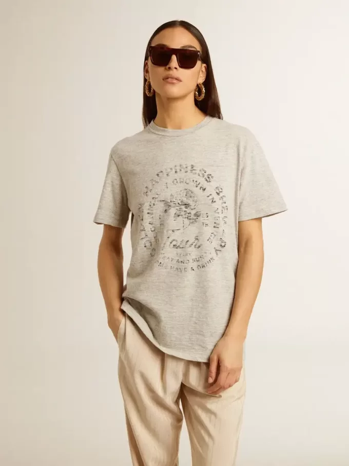 Camiseta de mujer en algodón gris jaspeado con estampado de temporada Camiseta de mujer en algodón gris jaspeado con estampado de temporada