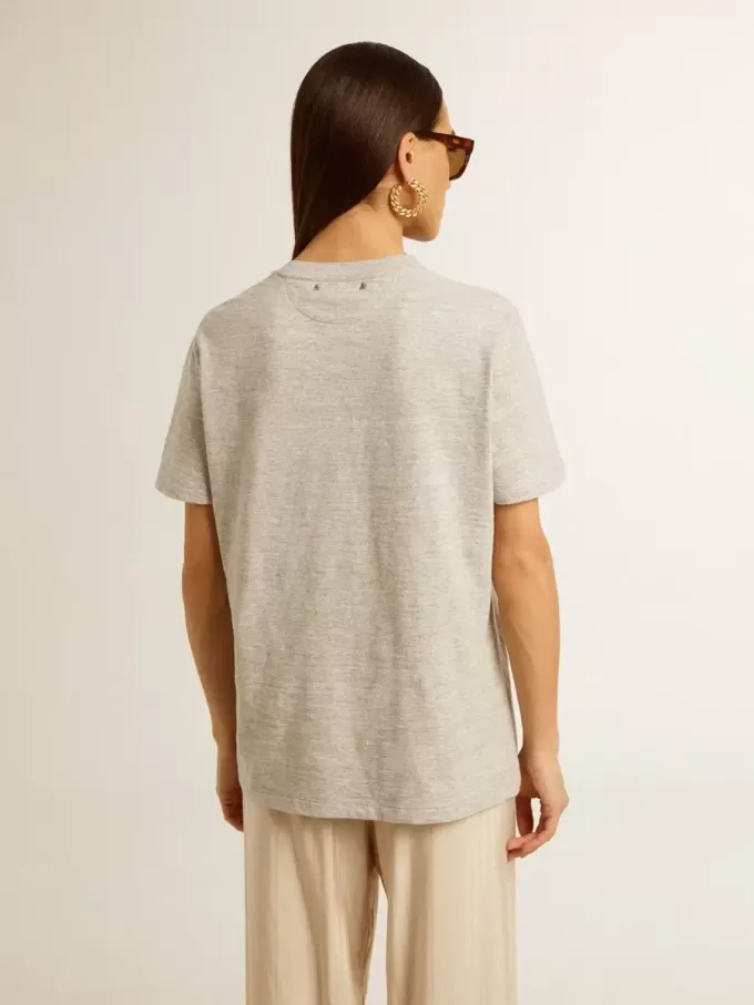 Camiseta de mujer en algodón gris jaspeado con estampado de temporada Camiseta de mujer en algodón gris jaspeado con estampado de temporada
