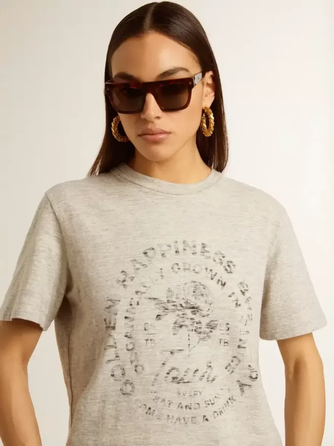 Camiseta de mujer en algodón gris jaspeado con estampado de temporada Camiseta de mujer en algodón gris jaspeado con estampado de temporada