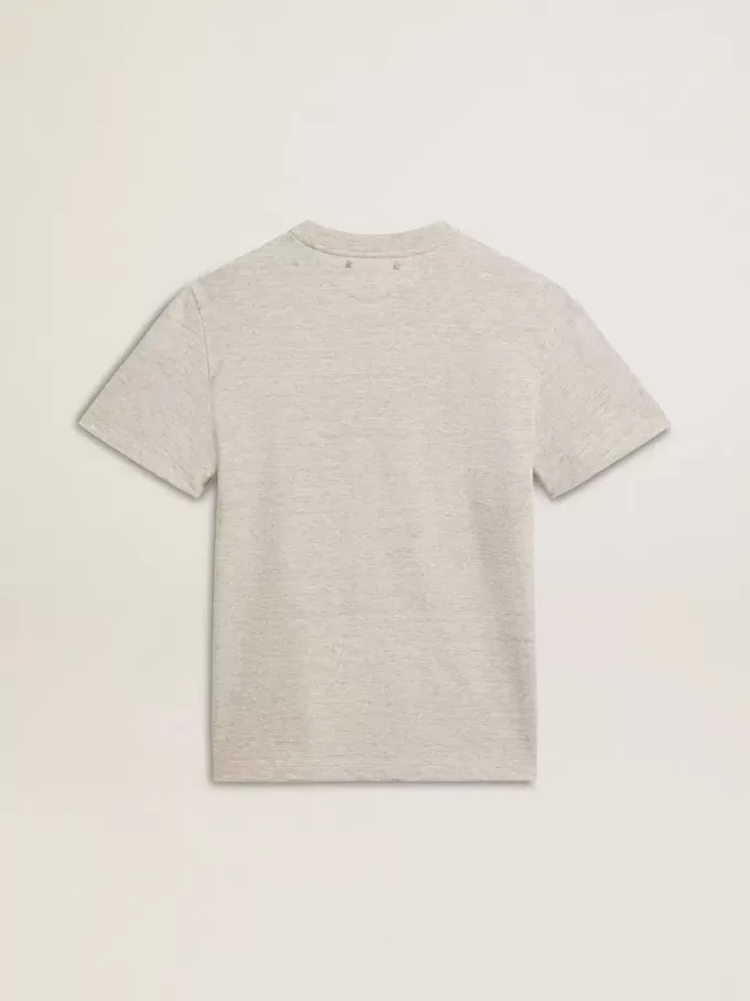 Camiseta de mujer en algodón gris jaspeado con estampado de temporada Camiseta de mujer en algodón gris jaspeado con estampado de temporada