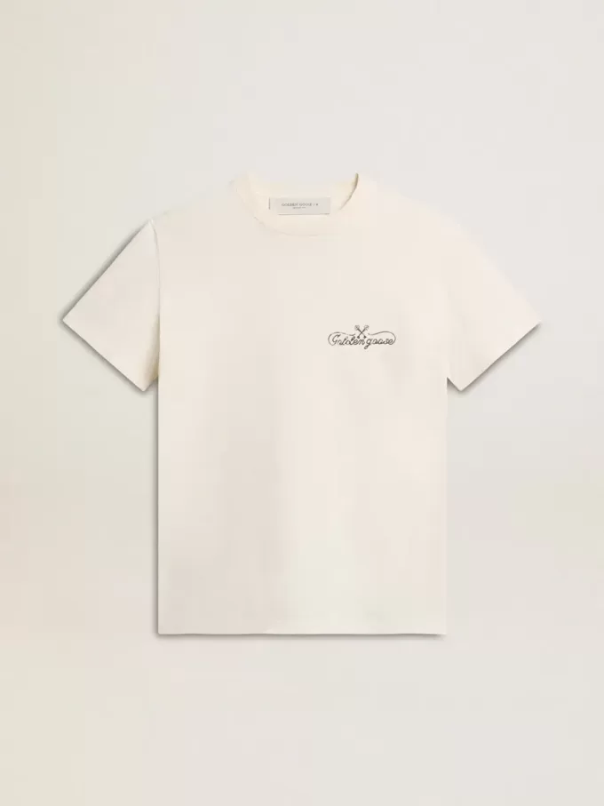 Camiseta de mujer en blanco envejecido con logotipo en el pecho Camiseta de mujer en blanco envejecido con logotipo en el pecho