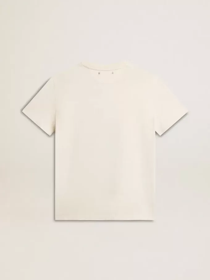 Camiseta de mujer en blanco envejecido con logotipo en el pecho Camiseta de mujer en blanco envejecido con logotipo en el pecho