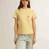 Camiseta de mujer en jersey de algodón con bordado en el cuello y el corazón Camiseta de mujer en jersey de algodón con bordado en el cuello y el corazón