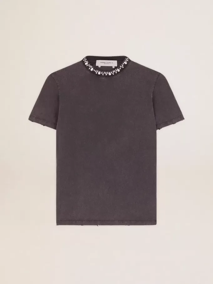 Camiseta gris antracita con cristales para mujer Camiseta gris antracita con cristales para mujer