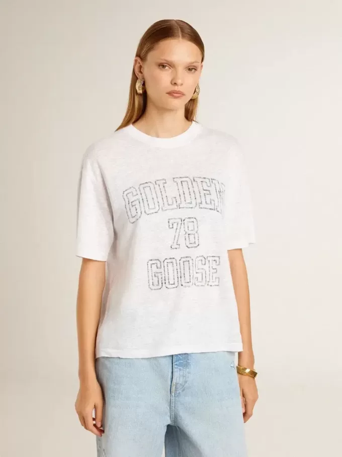 Camiseta ligera de lino blanco con estampado para mujer Camiseta ligera de lino blanco con estampado para mujer