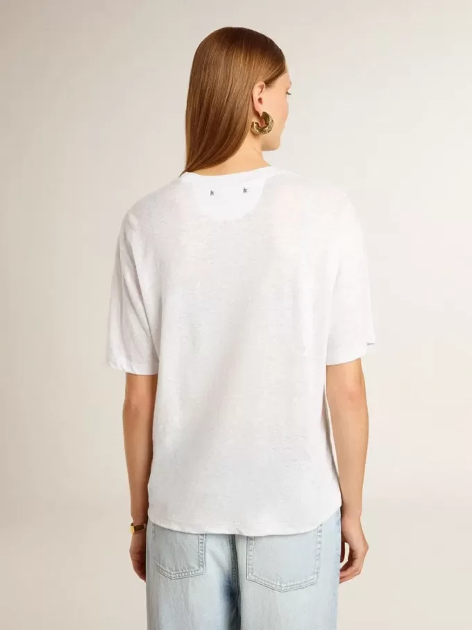 Camiseta ligera de lino blanco con estampado para mujer Camiseta ligera de lino blanco con estampado para mujer