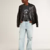 Chaqueta motera de cuero negro para hombre con efecto brillante