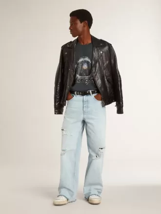 Chaqueta motera de cuero negro para hombre con efecto brillante