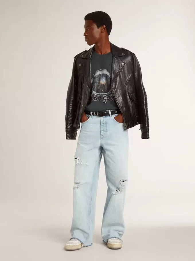 Chaqueta motera de cuero negro para hombre con efecto brillante