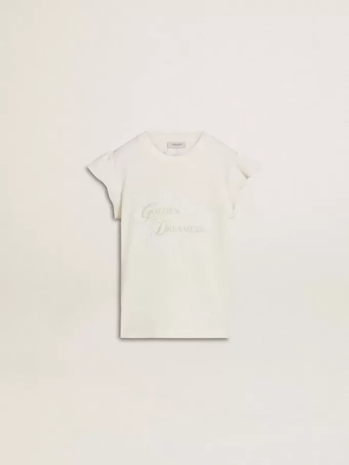 Camiseta para niña con mangas con volantes, letras y bordados Camiseta para niña con mangas con volantes, letras y bordados
