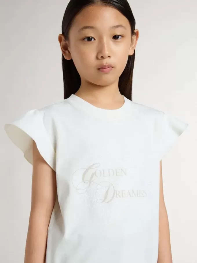 Camiseta para niña con mangas con volantes, letras y bordados Camiseta para niña con mangas con volantes, letras y bordados