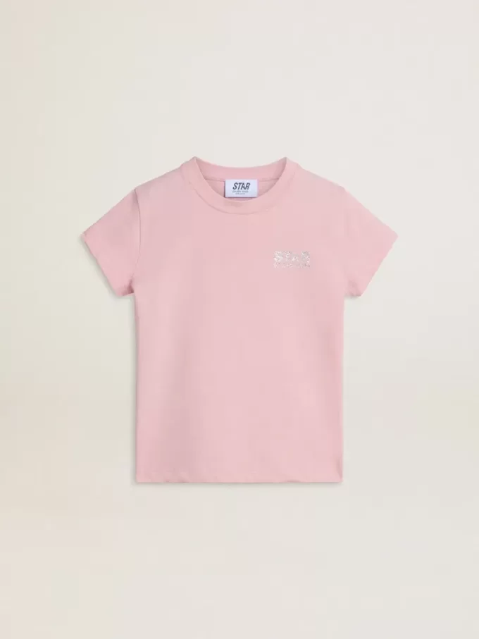Camiseta rosa para niña con logotipo plateado brillante y estrella maxi Camiseta rosa para niña con logotipo plateado brillante y estrella maxi