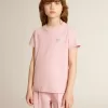 Camiseta rosa para niña con logotipo plateado brillante y estrella maxi Camiseta rosa para niña con logotipo plateado brillante y estrella maxi