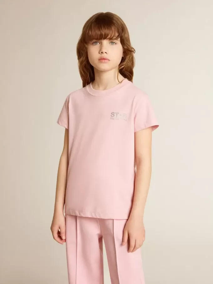 Camiseta rosa para niña con logotipo plateado brillante y estrella maxi Camiseta rosa para niña con logotipo plateado brillante y estrella maxi