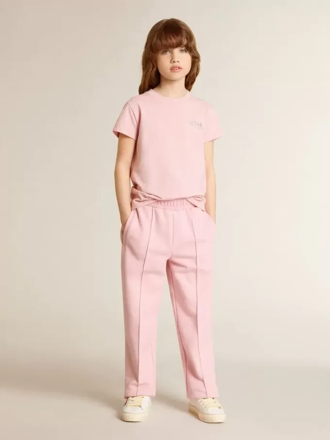 Camiseta rosa para niña con logotipo plateado brillante y estrella maxi Camiseta rosa para niña con logotipo plateado brillante y estrella maxi