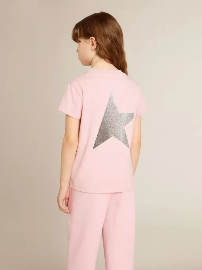 Camiseta rosa para niña con logotipo plateado brillante y estrella maxi Camiseta rosa para niña con logotipo plateado brillante y estrella maxi