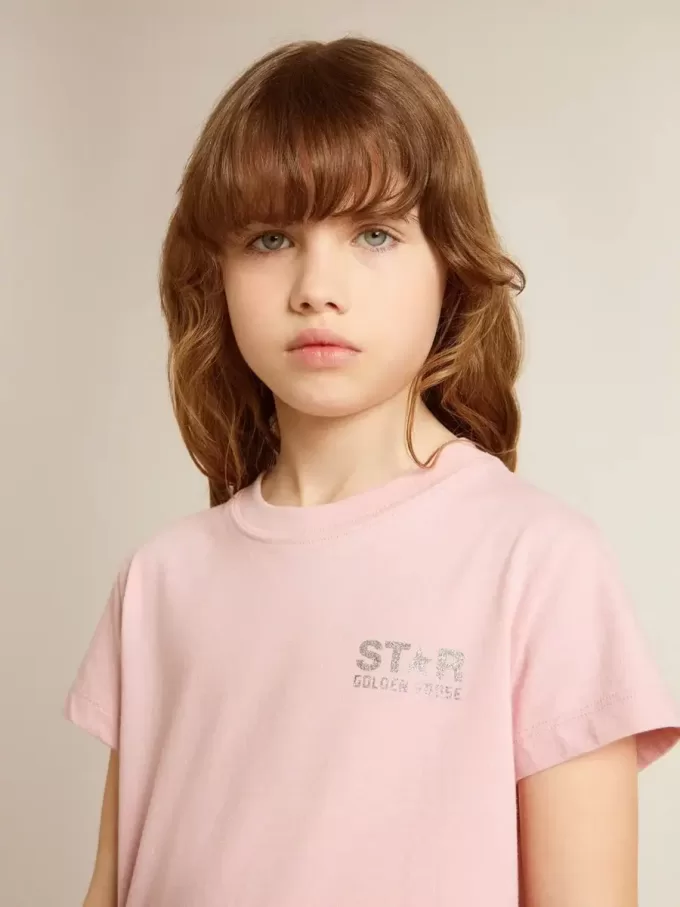 Camiseta rosa para niña con logotipo plateado brillante y estrella maxi Camiseta rosa para niña con logotipo plateado brillante y estrella maxi