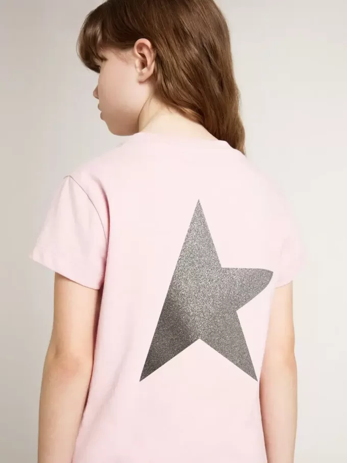 Camiseta rosa para niña con logotipo plateado brillante y estrella maxi Camiseta rosa para niña con logotipo plateado brillante y estrella maxi