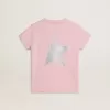 Camiseta rosa para niña con logotipo plateado brillante y estrella maxi Camiseta rosa para niña con logotipo plateado brillante y estrella maxi