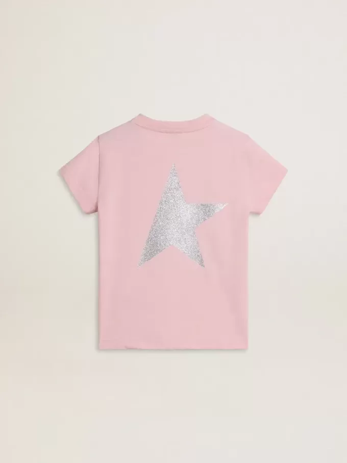 Camiseta rosa para niña con logotipo plateado brillante y estrella maxi Camiseta rosa para niña con logotipo plateado brillante y estrella maxi
