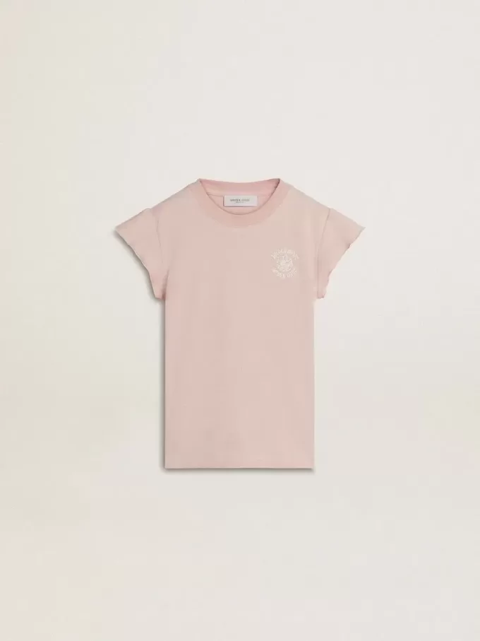 Camiseta rosa para niña con mangas con volantes y bordados Camiseta rosa para niña con mangas con volantes y bordados