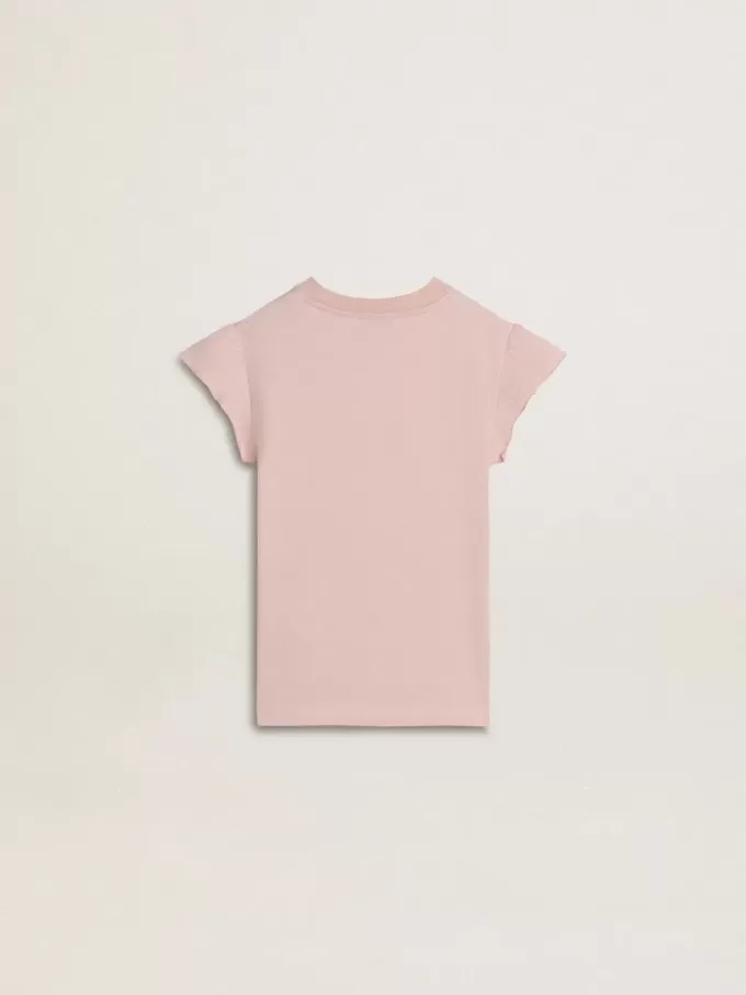 Camiseta rosa para niña con mangas con volantes y bordados Camiseta rosa para niña con mangas con volantes y bordados