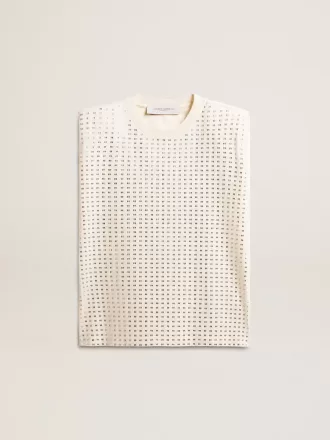Camiseta sin mangas blanca envejecida adornada con cristales