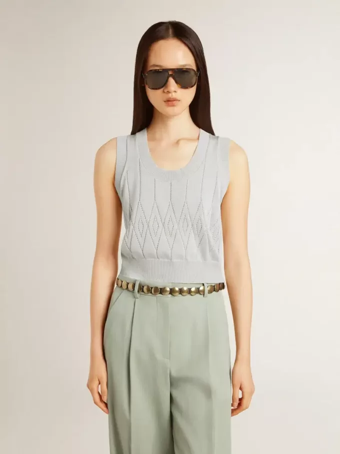 Camiseta sin mangas de punto azul celeste para mujer Camiseta sin mangas de punto azul celeste para mujer