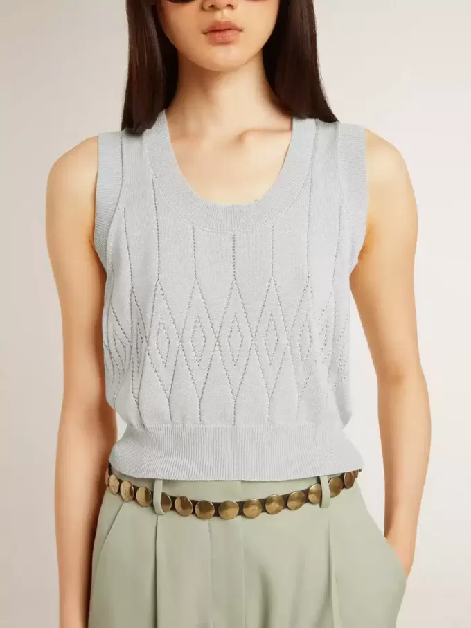 Camiseta sin mangas de punto azul celeste para mujer Camiseta sin mangas de punto azul celeste para mujer