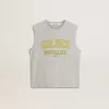 Camiseta sin mangas gris para mujer con estampado amarillo Camiseta sin mangas gris para mujer con estampado amarillo