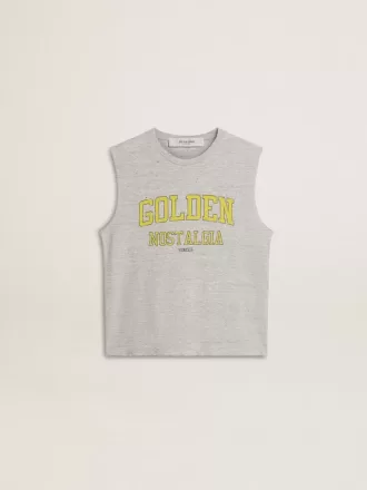 Camiseta sin mangas gris para mujer con estampado amarillo