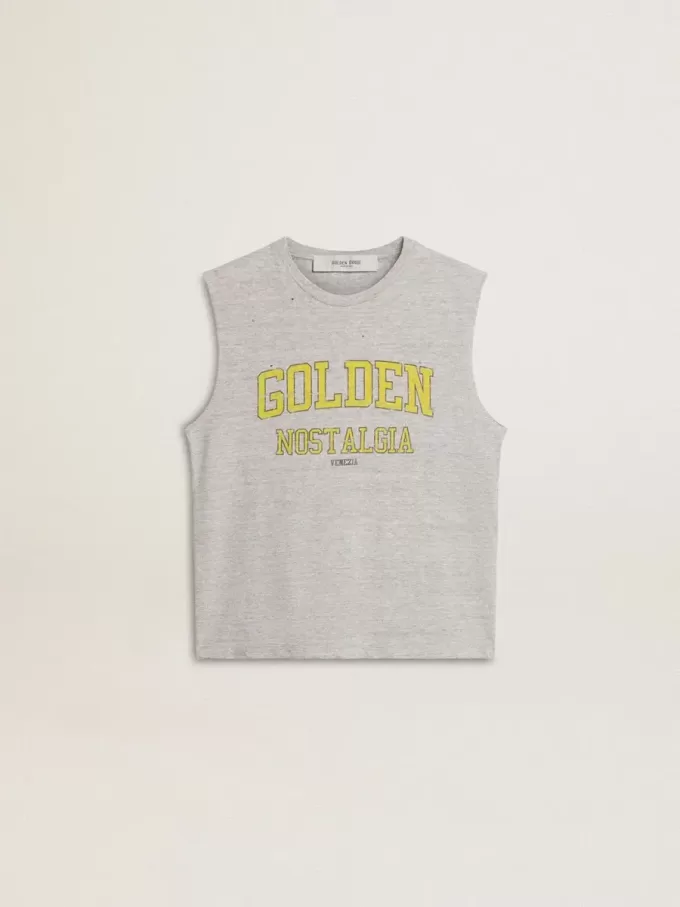 Camiseta sin mangas gris para mujer con estampado amarillo Camiseta sin mangas gris para mujer con estampado amarillo