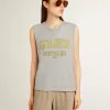 Camiseta sin mangas gris para mujer con estampado amarillo Camiseta sin mangas gris para mujer con estampado amarillo