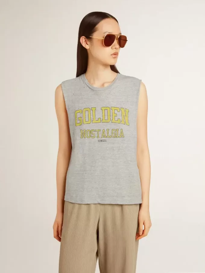Camiseta sin mangas gris para mujer con estampado amarillo Camiseta sin mangas gris para mujer con estampado amarillo