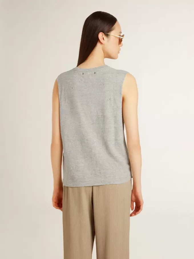 Camiseta sin mangas gris para mujer con estampado amarillo Camiseta sin mangas gris para mujer con estampado amarillo