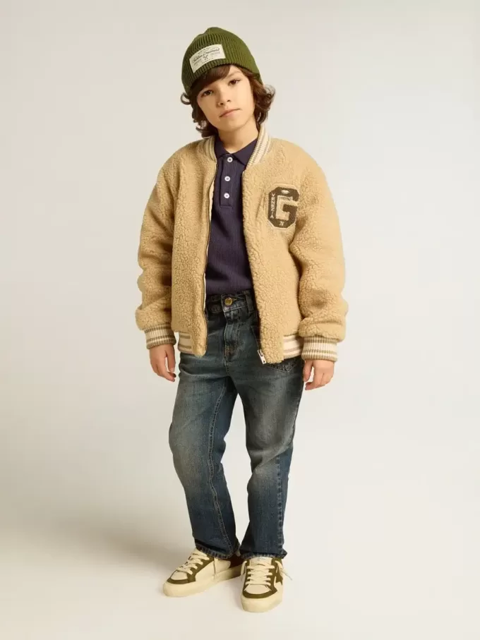 Cazadora bomber beige de felpa para niños Cazadora bomber beige de felpa para niños