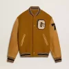 Cazadora bomber de lana amarillo ocre con mangas de cuero Cazadora bomber de lana amarillo ocre con mangas de cuero